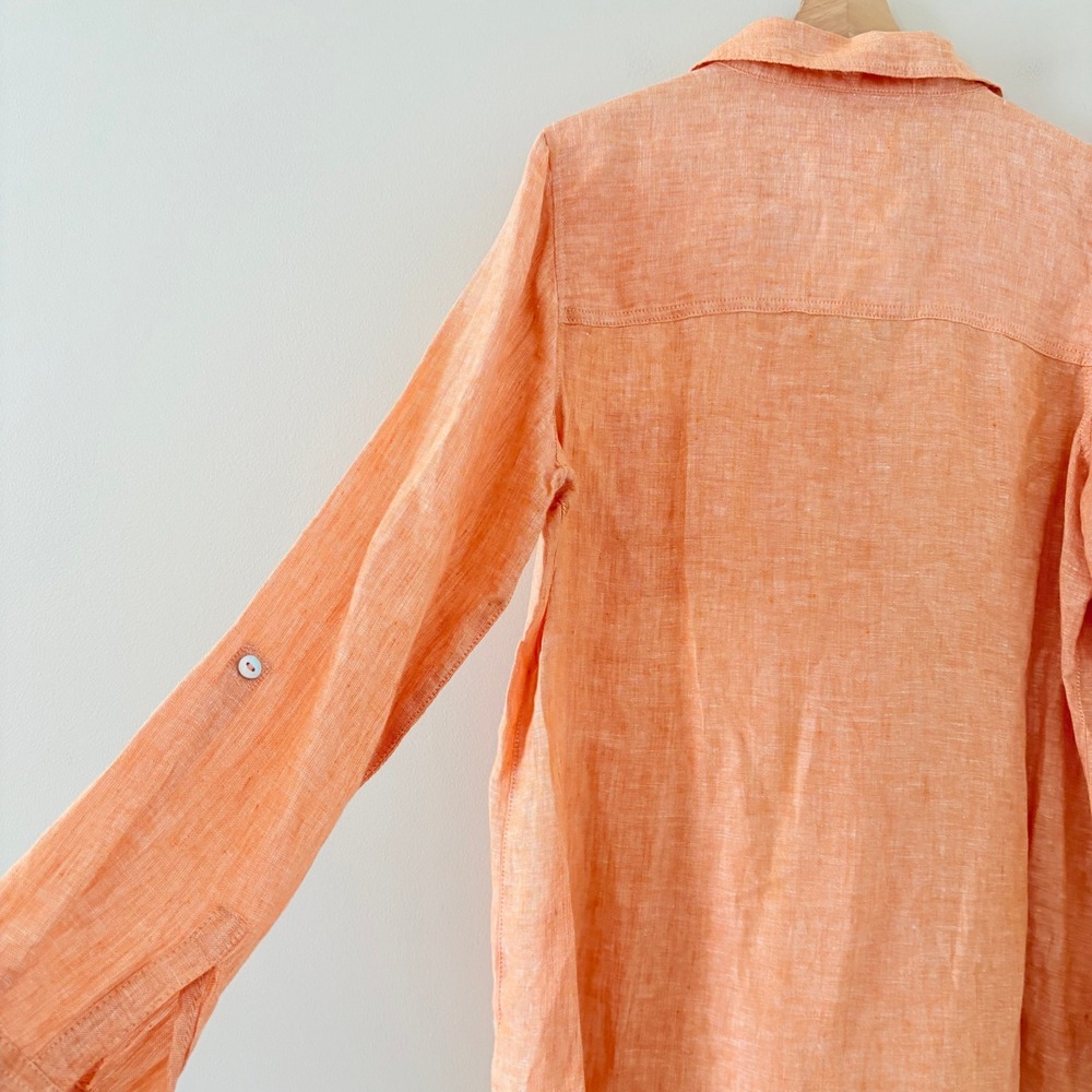 Sigrid Olsen Button Down Shirt L Peach Orange Linen Roll Tab Long Sleeve Casual - Picture 5 of 7